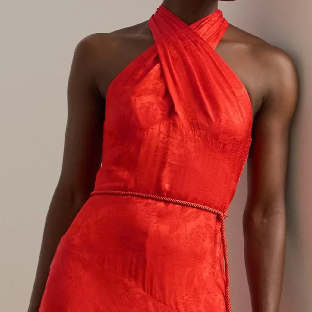 Belted Floral Jacquard Halter Gown - Picture 1 of 9
